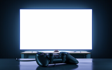 Playing on the console - gamepad on the TV with blank screen mockup background © guteksk7