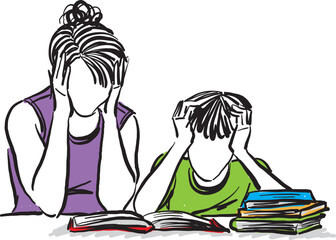 mother doing homework with son child young back to school concept vector illustration