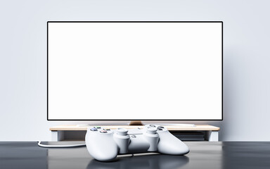 Playing on the console - gamepad on the TV with blank screen mockup background © guteksk7