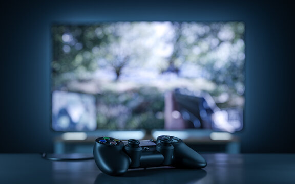 Playing internet shooter on the console - game pad on the TV background - 3d render