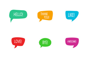 Conjunto de globos de diálogo de colores. burbujas de texto. Hello, thank you, like, love, bye, awesome. Concepto de idea, pensamiento o comentario