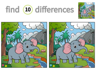 Find differences. educational game for children. vector illustration of cute elephant in the jungle
