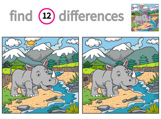 Find differences. educational game for children. vector illustration of rhino in the river