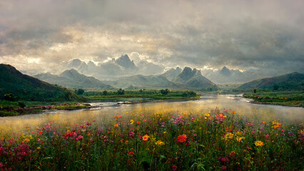 Natural landscape with a wildflower meadow, river and mountains in the background. Digital art. - 519853660