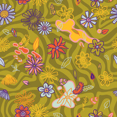 teenage seamless 70s retro floral pattern hippie