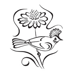 Exotic bird sitting on a flower. Black and white linear drawing isolated on white background. Hand drawn illustration. Calligraphic drawing. Design for tattoo, greeting cards, invitations.