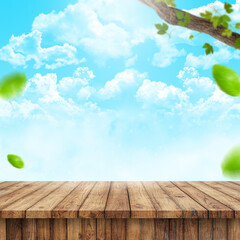 blank wooden board with leaf ornament background for food products