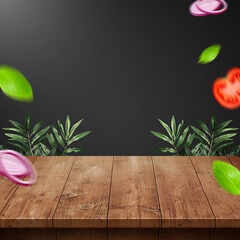 blank wooden board with leaf ornament background for food products