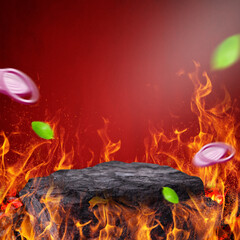 podium charcoal with fire background for food product display