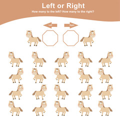 Left or Right Game for children. Worksheet activity for preschool kids. Counting animals how many are left and right. Vector illustration.