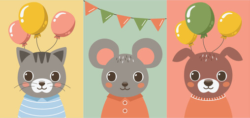 Set of postcards or posters with cute animals. Cat, mouse, dog. Vector graphic.