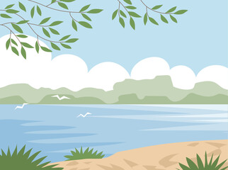 Fototapeta na wymiar Summer landscape with lake shore and tree. Tree branch with green foliage. Wild beach. Beautiful nature. Flat vector illustration background