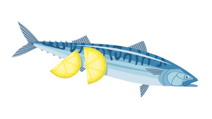 Sea fish mackerel with lemon. Cooking delicious food. Natural product. Useful and healthy food. Flat vector illustration isolated on a white background