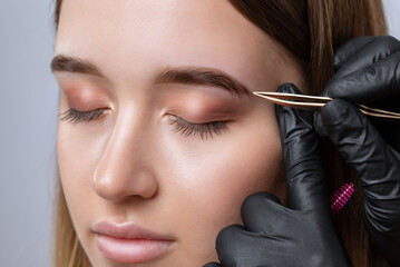 Makeup artist plucks eyebrows before dyeing in a beauty salon. Professional make-up and cosmetic...