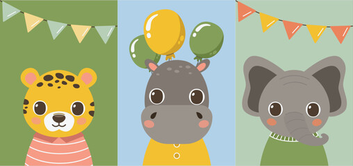 Set of postcards or posters with cute animals. Jaguar, hippopotamus, elephant. Vector graphic.