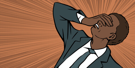 Fototapeta premium The young man is in great despair. African American. Desperate hand gesture, stress, tragedy and failure. Negative emotion. Cartoon vector illustration isolated on white background. Pop art style