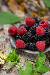Raspberries and blackberries on a plate on a natural background