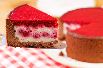 Closeup piece of homemade raspberry and strawberry cheesecake. Shallow focus.