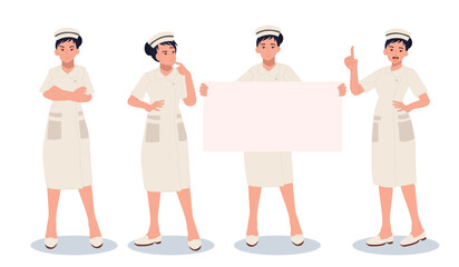character set of Female nurse in Different poses and emotions. Vector cartoon illustration
