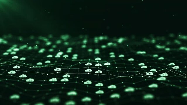 Cloud computing technology concept for transfer data to storage system. White cloud icon over polygon on dark green background.