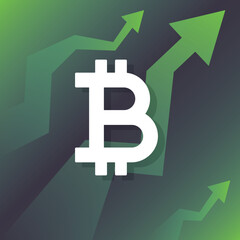 Obraz premium Bitcoin going up, BTC crypto currency rising price. Green arrows.