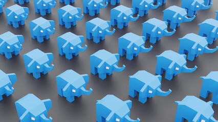 Low poly blue elephants in a rows and columns. PostgreSQL database cloud service or datacenter  symbol concept or metaphor. 3d illustration
