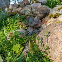 Impressive view of a row of boulders  overgrown with grass in a sunny summer day.