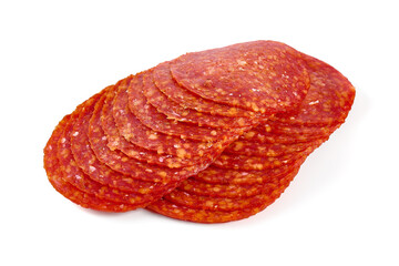 Chorizo sausage slices, Traditional spanish sausage, isolated on white background.
