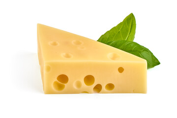 Swiss cheese triangle, isolated on white background.