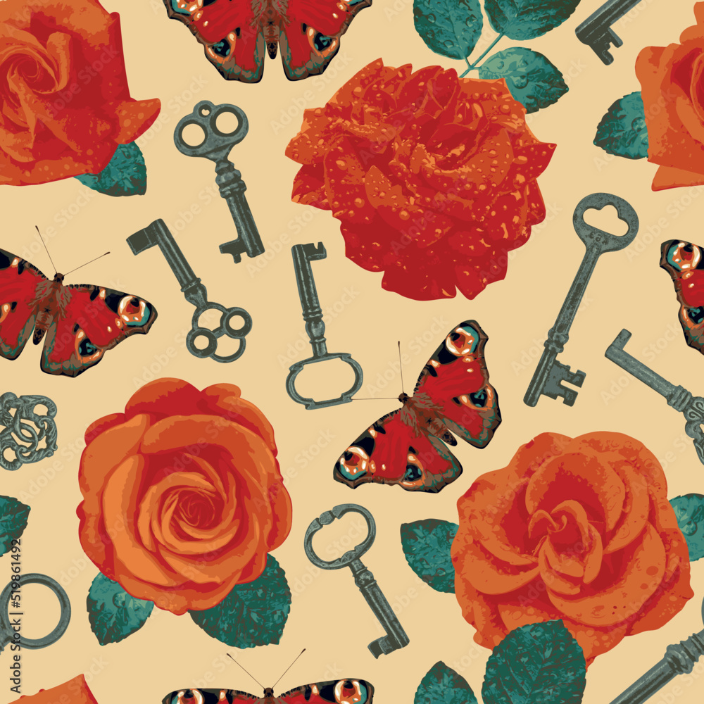 Poster vector seamless pattern on the theme of love with roses, butterflies and keys. vector background in 