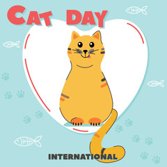 International Cat Day. A red cat in a white heart on a blue background with fish and paw prints.
