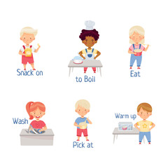 Cute kids cooking in kitchen demonstrating action verbs. Little children boiling, eating, washing vector illustration