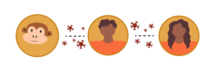 Vector illustration of the spread of the monkey pox virus from monkey to human and from human to human in a flat style