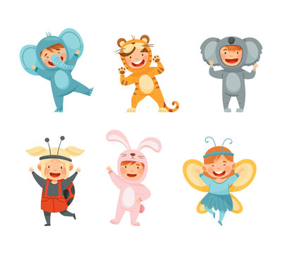 Cute kids wearing animal costumes set. Elephant, tiger, koala, ladybug, bunny, butterfly vector illustration