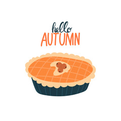 Hello, Autumn. Autumn season banner. Flat vector illustration. Lettering. Autumn pumpkin pie. Isolated objects on a white background.