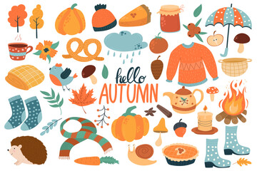 Vector set of autumn icons: sweater, falling leaves, cozy food, candles, book and cute hengehog. Scrapbook collection with autumn season elements. Bright background for the harvest.