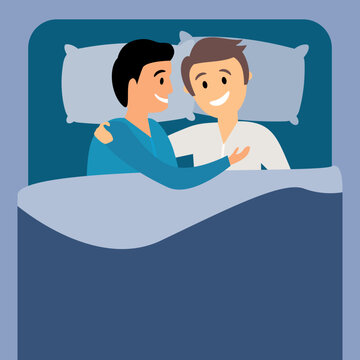Male gay couple sleeping in bedroom. Guys hugging while resting in bed. Flat vector illustration. Homosexuality, same sex relationship concept