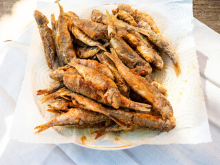 fried surmullet fishes on white paper napkin