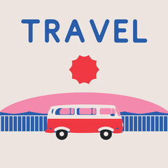  Illustration of sunset and hippie bus. Illustration in trending colors. Abstraction in pink, beige and blue colors for posters, social media, advertising, wallpaper, cover, web, etc.
