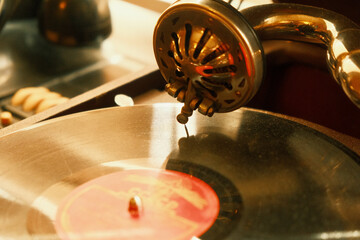 Close-up of a gramophone record. Close-up of a turntable for vinyl discs. Gramophone needle and head © Shevchenko Oleksandr