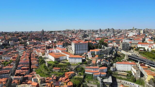 A camera drone flies towards the Episcopal Palace (former bishops' residence) and Porto Cathedral