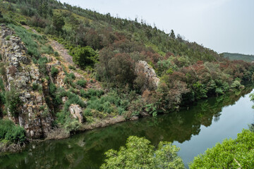 Fototapeta na wymiar Rock formation known as Mondego bookshop on the riverbank hill with trees reflected in the water, Penacova PORTUGAL