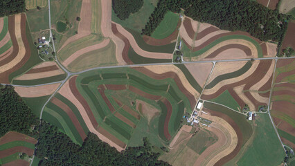 Colorful fields bird's eye view, cultivated fields looking down aerial view from above, Pennsylvania, USA