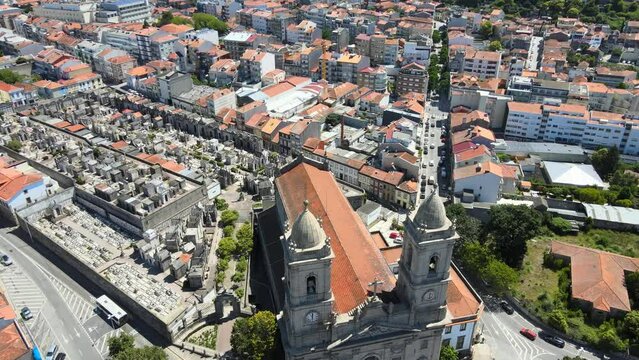 A camera drone flies forward over the Church of Our Lady of Lapa (Portuguese: Igreja de Nossa Senhora da Lapa), Porto, Portugal