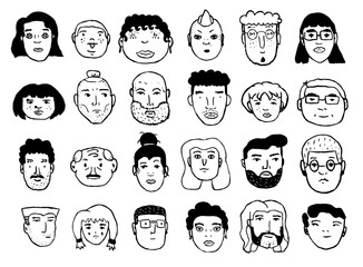 People faces in simple hand-drawn doodle style. Diverse group of people. Black and white vector set.