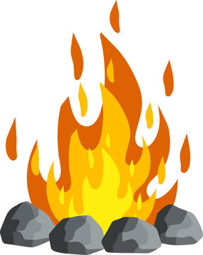 Red campfire. Orange flame. Tourist bonfire. Element of a hike. Heat and hot object. Fire lined with stones. Cartoon flat illustration