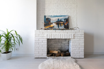 Modern artificial fireplace in the apartment.