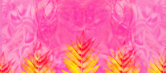 Tropical background of colorful leaves on holographic background in light pink shades. Creative autumn or summer composition. Top view