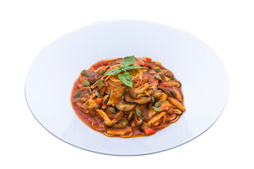 Tomato Mushrooms Spaghetti served in a dish isolated on plain white background side view