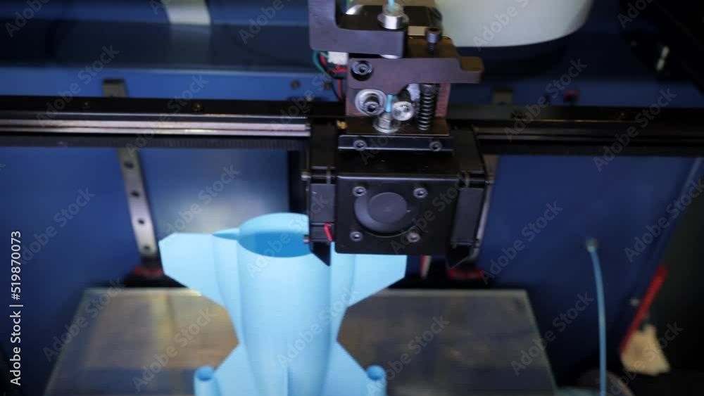 Poster automated technical 3d printer. media. 3d printer creates tall object. large automated 3d printer